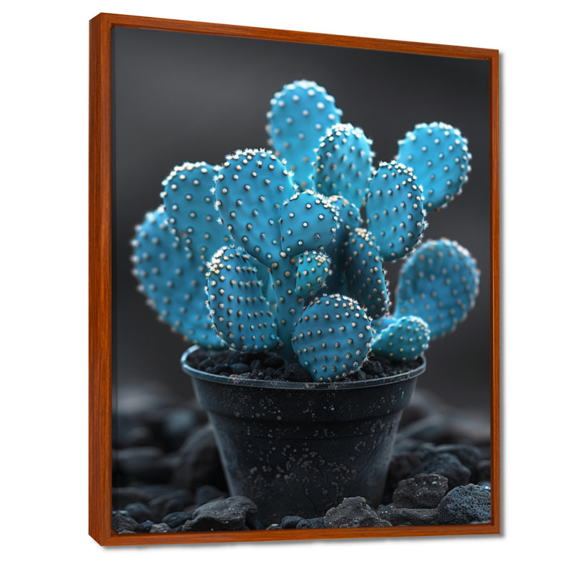 Bleu et gris, photo monochrome de cactus dans un vase - cactus floral, Toile encadrée blanche avec une seule photo