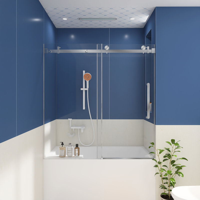 56-60 "W X 60"H Single Sliding Frameless Shower Door In Brushed Nickel, Brushed Nickel