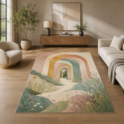 Tapis d'intérieur « ultra mince » 152 x 213 cm (5 pi x 7 pi) à motif arc-en-ciel fantaisiste, idéal pour le salon. Tapis doux à poils courts avec envers antidérapant en silicone, tapis décoratif pour chambre ou chambre d'enfant, multicolore.