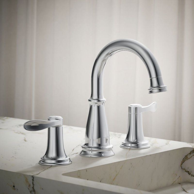 Bellera Widespread Bathroom Sink Faucet, Three-Hole Bathroom Faucet with Clicker Drain, 0.5 GPM, Silver