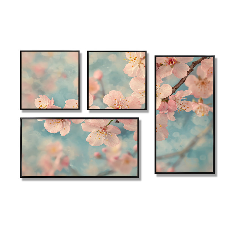 Fleur de cerisier rose - Printemps, art mural floral 4 pièces, Reproduction encadrée sans passe-partout, Black