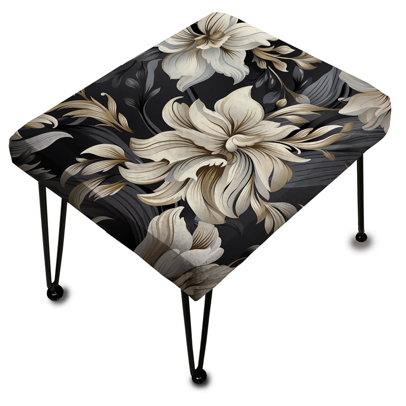 Deep Black Silver Flowers Elegance - Glam Rectangle Ottoman