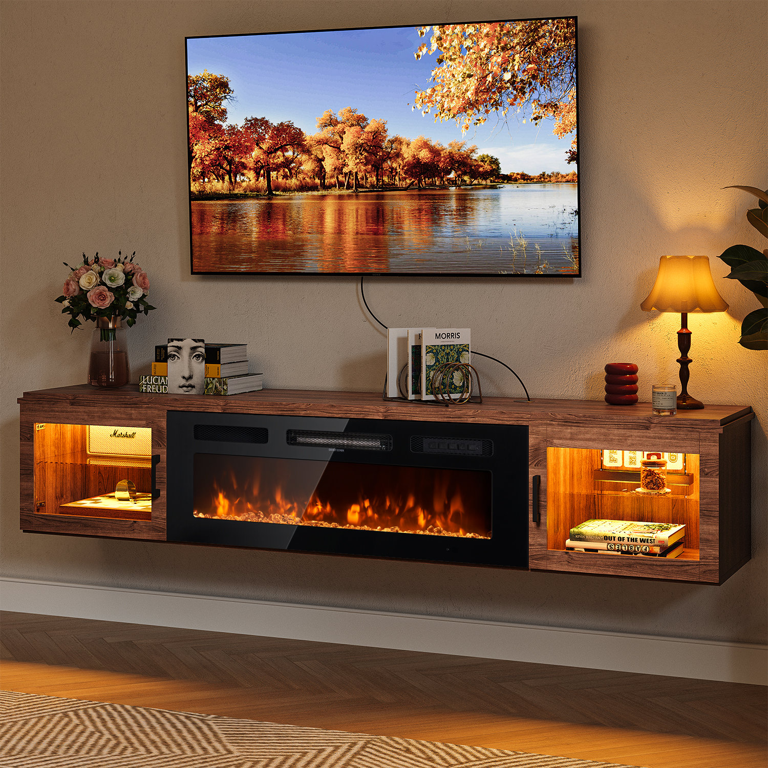 70'' Floating Fireplace Tv Stand With 36" Electric Fireplace, Led Light Entertainment Centre With Storage, Wall Mounted Media Tv Console With Glass Door For Living Room