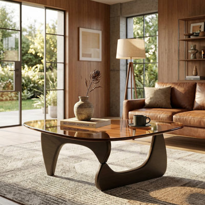 Mid Century Modern Coffee Table For Living Room, Glass Top & Wood Center Table, Black Brown