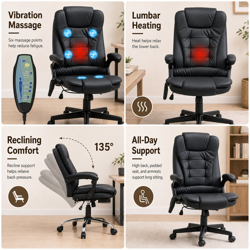 Durable Cozy Heated Massage Reclining Office Chair 6 Vibration Points Desk Armrest Remote, Black
