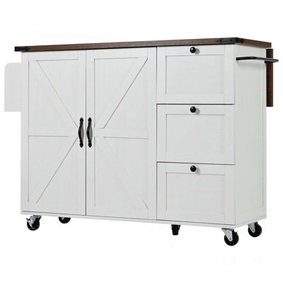 54.5" Farmhouse Kitchen Island with Power Outlet, Kitchen Storage Island  with Internal Storage Rack, Drop Leaf, Spice Rack, Rolling Kitchen Cart on Wheels, for Home, Kitchen and Dining Room