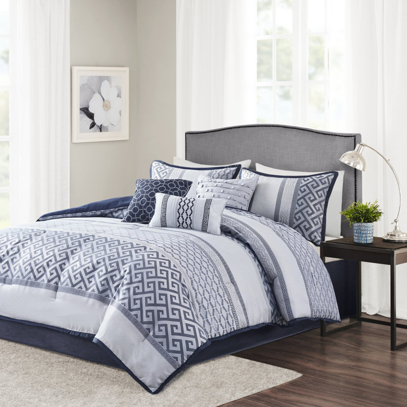 Édredon de luxe très grand bleu marine - 7 pièces avec édredon, taies décoratives et coussins décoratifs élégants avec taies décoratives et jupe de lit