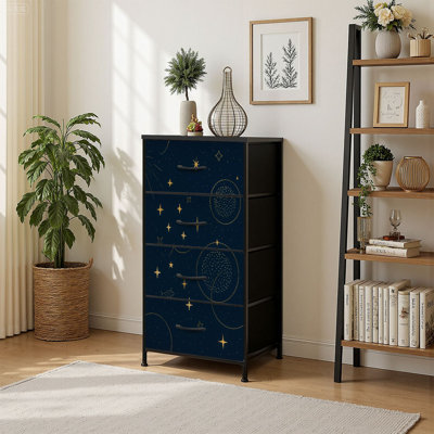 4 Drawer Vertical Storage Dresser Night sky Moon Gold celestial Tender universe with Wood Top Fabric Pull Drawers by Ebern Designs