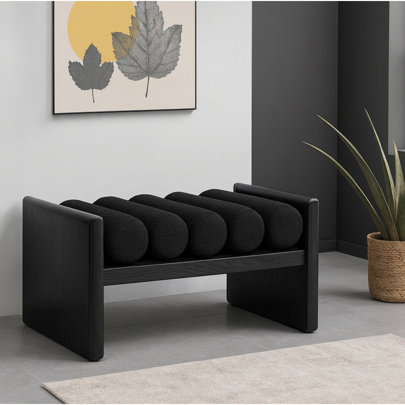 Boucle Fabric Wood Bench, Black Boucle Fabric / Black Finish, 18" H x 32" W x 19" D