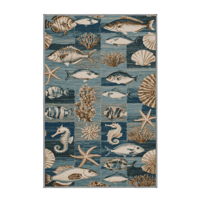  Washable Marine Life Mosaic Coastal Area Rug