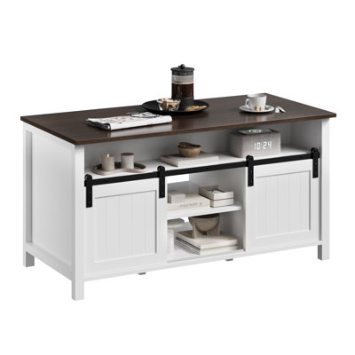 Farmhouse Coffee Table With Storage, Rustic Living Room Table With Sliding Barn Doors & Hidden Compartment, Wooden Center Table For Living Room, White