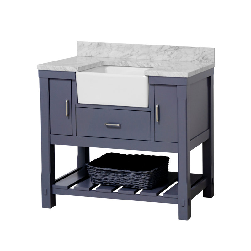 Ensemble de meuble-lavabo simple de 42 po Hitton, Gris marine, Marbre de Carrare