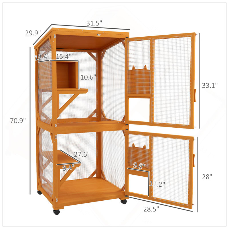 Spacious Wooden Catio With High-Up Resting Box, Asphalt Roof, And Wheels For Indoor & Outdoor Use, Fits 1-3 Cats
