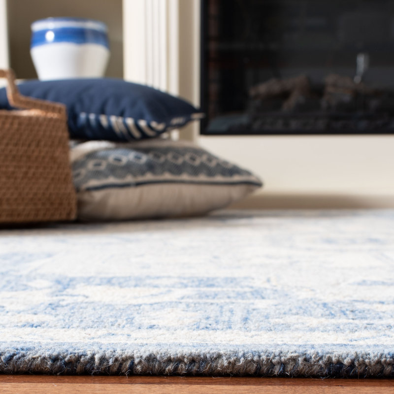 Tapis oriental ivoire / bleu en coton touffeté à la main Cyrrilagnin, Rond 5 pi