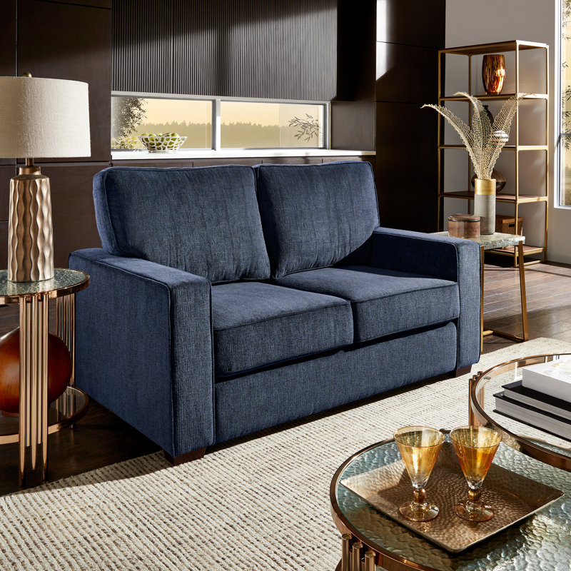Beaulah Modern Fabric Upholstered Square Arm Loveseat, Blue Chenille