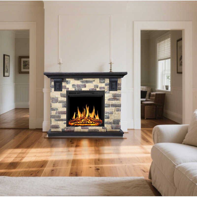  54.25" Stone-effect Electric Fireplace Tv Stand With 7 Adjustable Flame Brightness, 1500w Heater For 400 Sq.ft, 3d Led Flame Technology, Holds 55" Tv, Etl Certified (18.5"d Slim Profile)