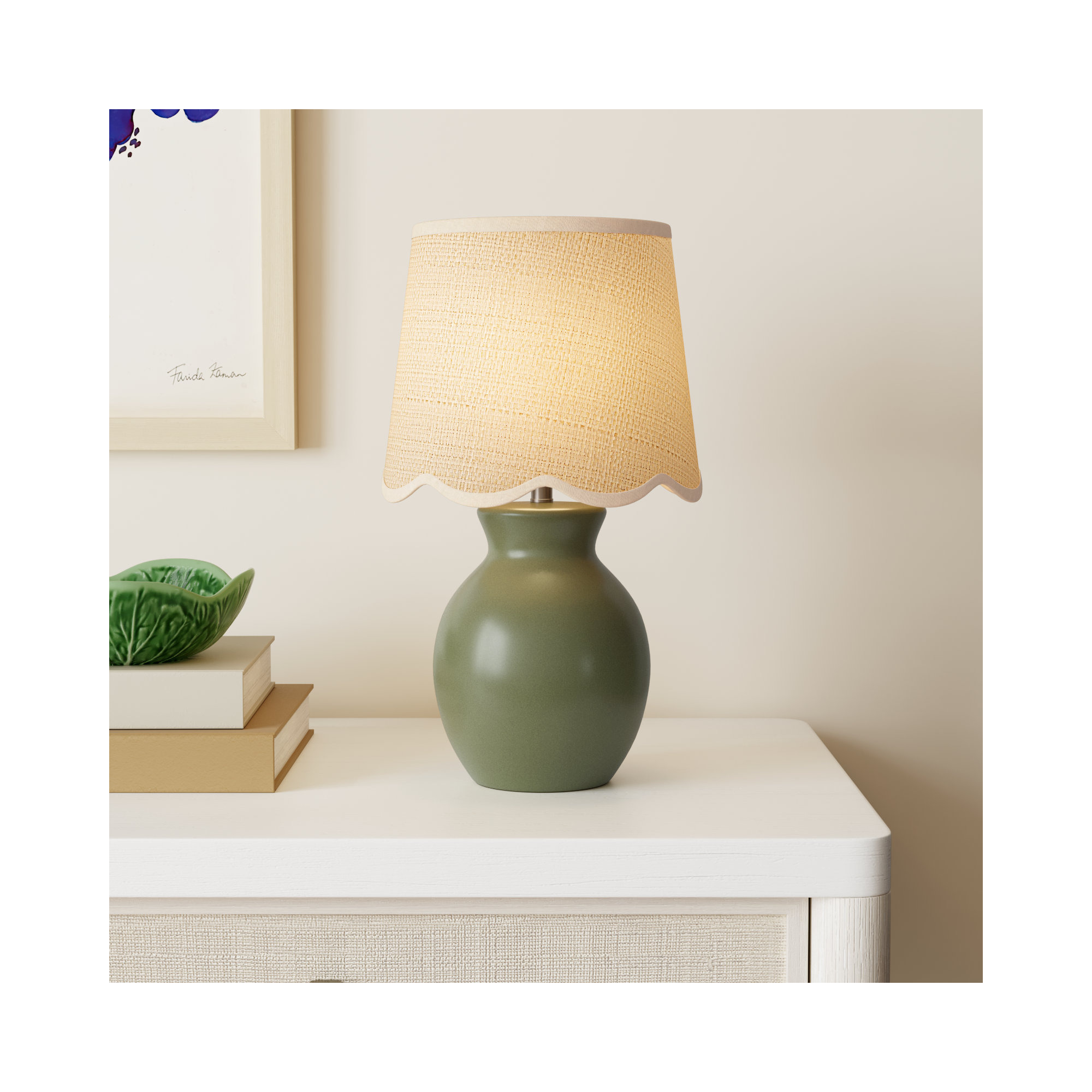 Momsen Scallop Shade Lamp, Natural, White, 15"" H x 8"" W x 8"" D
