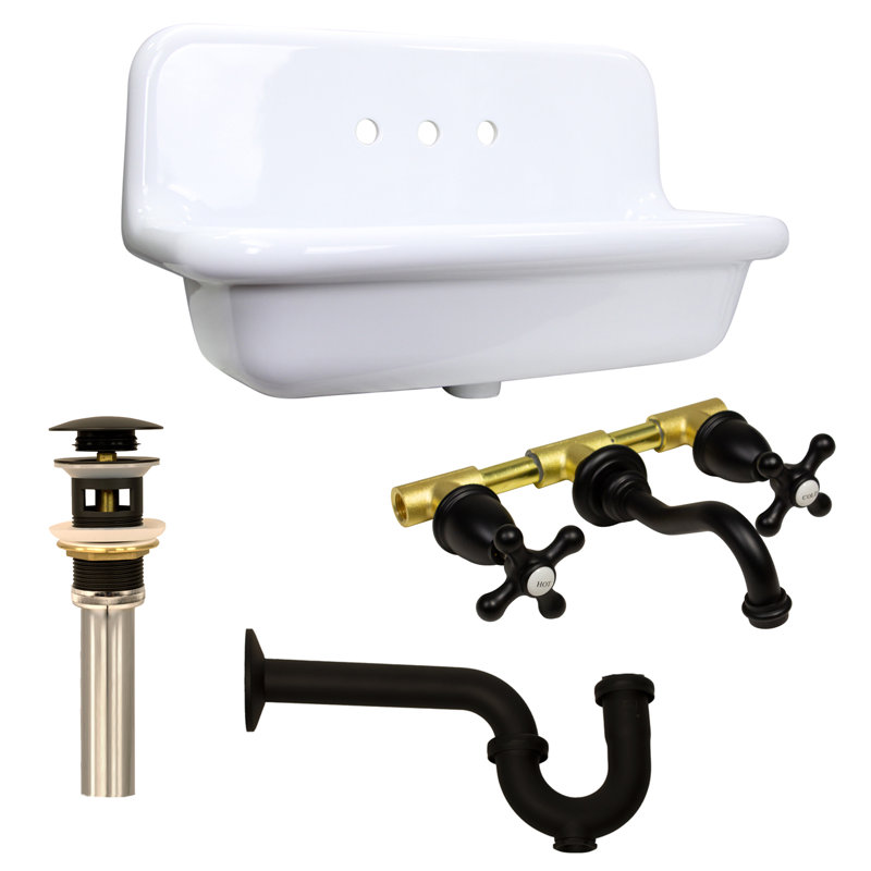 Fireclay Wallmount Bath Sink with Faucet, Drain and P-Trap Set, White/Matte Black