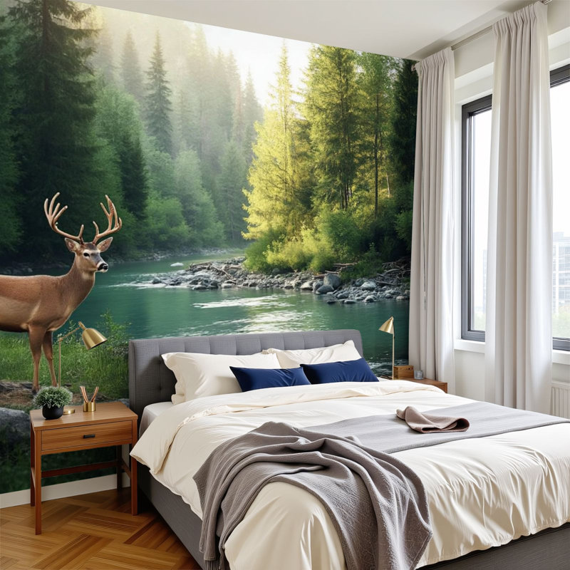 Panneau mural auto-adhésif moderne pour la chambre à coucher Lone Deer Forest, l 96 po x H 69 po, L 96 po x l 69 po