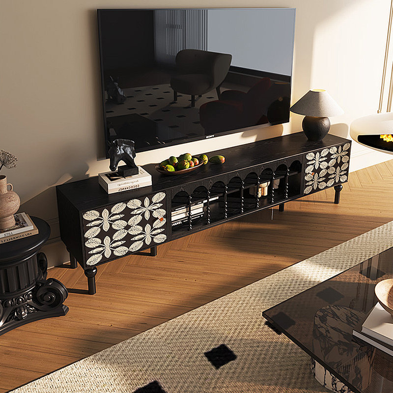 Meuble télé avec rangement peint français rétro, H 21,26 po x L 70,87 po x l 15,75 po, Noir