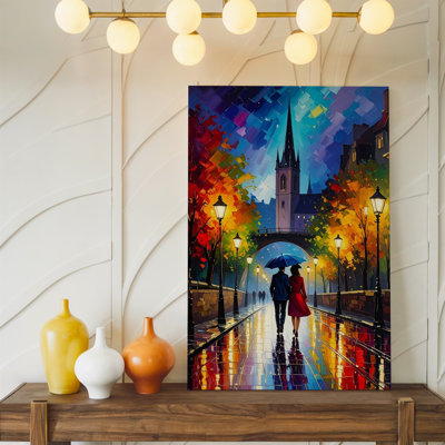 Wall Art Canvas Romantic Night Walk Impressionist Couple Under Umbrella With Glowing Wall Ready To Hang Gallery Wrapped Home Decor