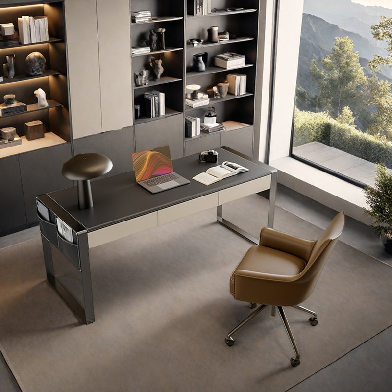 Bureau d'écriture moderne en cuir haut de gamme, Noir, H 29,52 po x l 70,86 po x P 27,55 po
