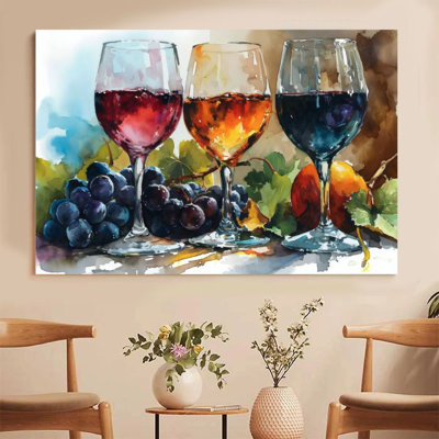 1 pièce, impression sur toile encadrée dégustation de vin, raisins et verres à vin, aquarelle nature morte, décoration murale, parfaite pour la décoration de chambre salon chambre bureau cuisine salle de bain décor à la maison, cadeau de décoration murale idéal