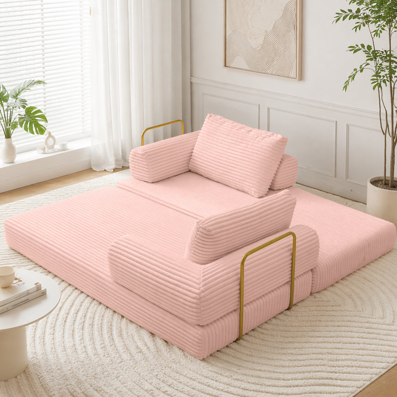 Canapé-lit convertible, canapé-lit pliant en velours côtelé, matelas de lit futon avec oreillers, Pink