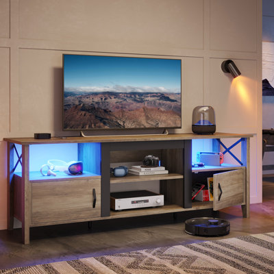 160cm Farmhouse Tv Stand For Up to 70" With Led Light, Tv Console Cabinet With Media Storage