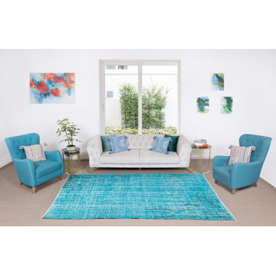 Tapis turc 6 pi x 8,6 pi teint en bleu sarcelle avec un design Art déco chinois, 4 superbes intérieurs contemporains