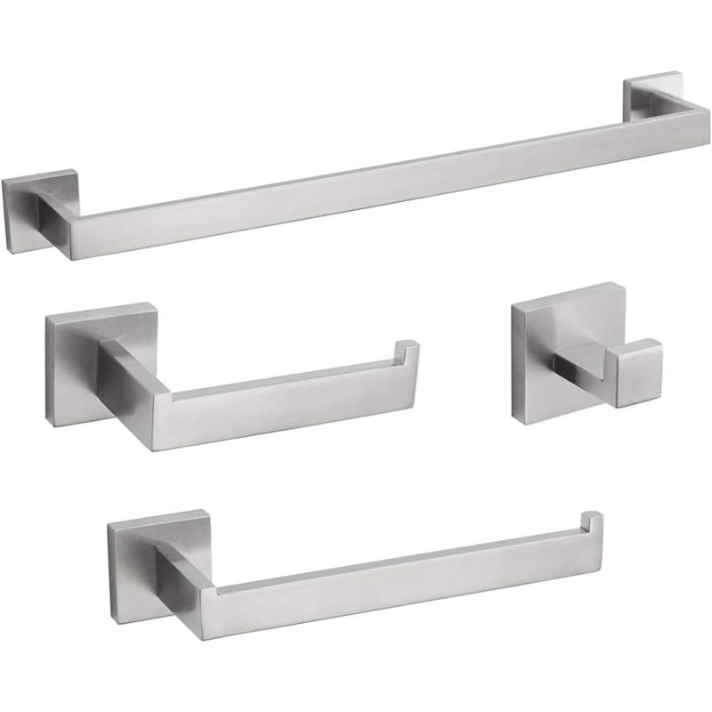 4-Piece Modern Square Stainless Steel Bathroom Hardware Set With Towel Bar, Rack, Holder, And Toilet Paper Holder (16-Inch)