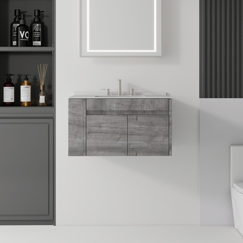 Meuble-lavabo flottant 30 po avec lavabo et porte à fermeture en douceur, Gris, 30"