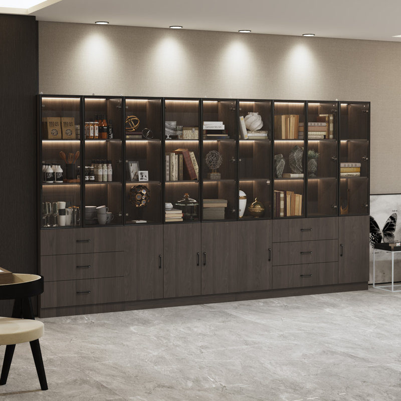 Ensemble de bibliothèque moderne avec cadre en aluminium avec portes en verre trempé, éclairage à DEL 3 couleurs et tiroirs de rangement