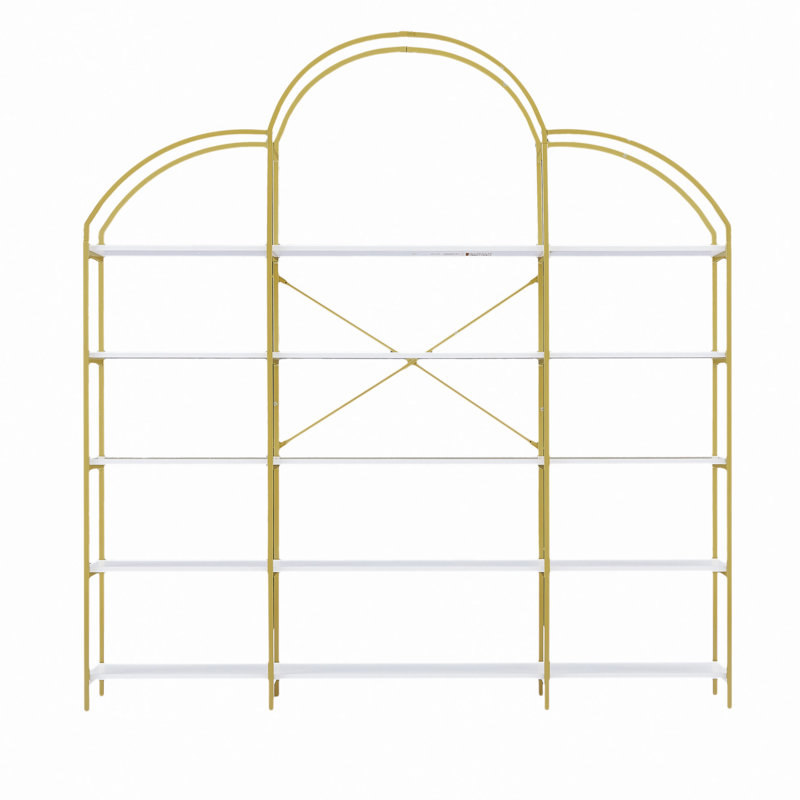 74.8 Inch 5 Tiers Office Bookcase Bookshelf, Display Shelf With Round Top, X Bar Gold Frame