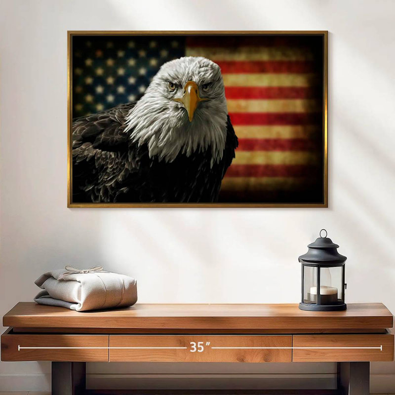 Aigle et drapeau de l'Amérique, 25 po x 17 po, Cadre flottant doré