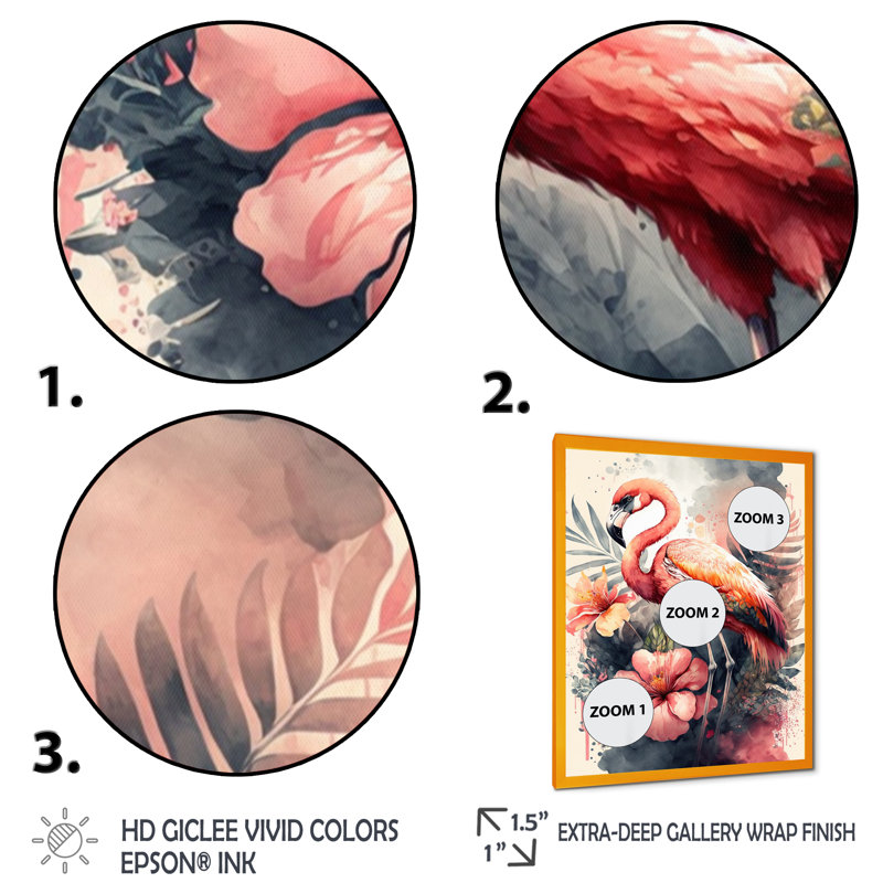 «Stunning Flamingo Floral I», impression sur toile, Cadre photo doré, H 40 po x l 30 po x P 1,5 po