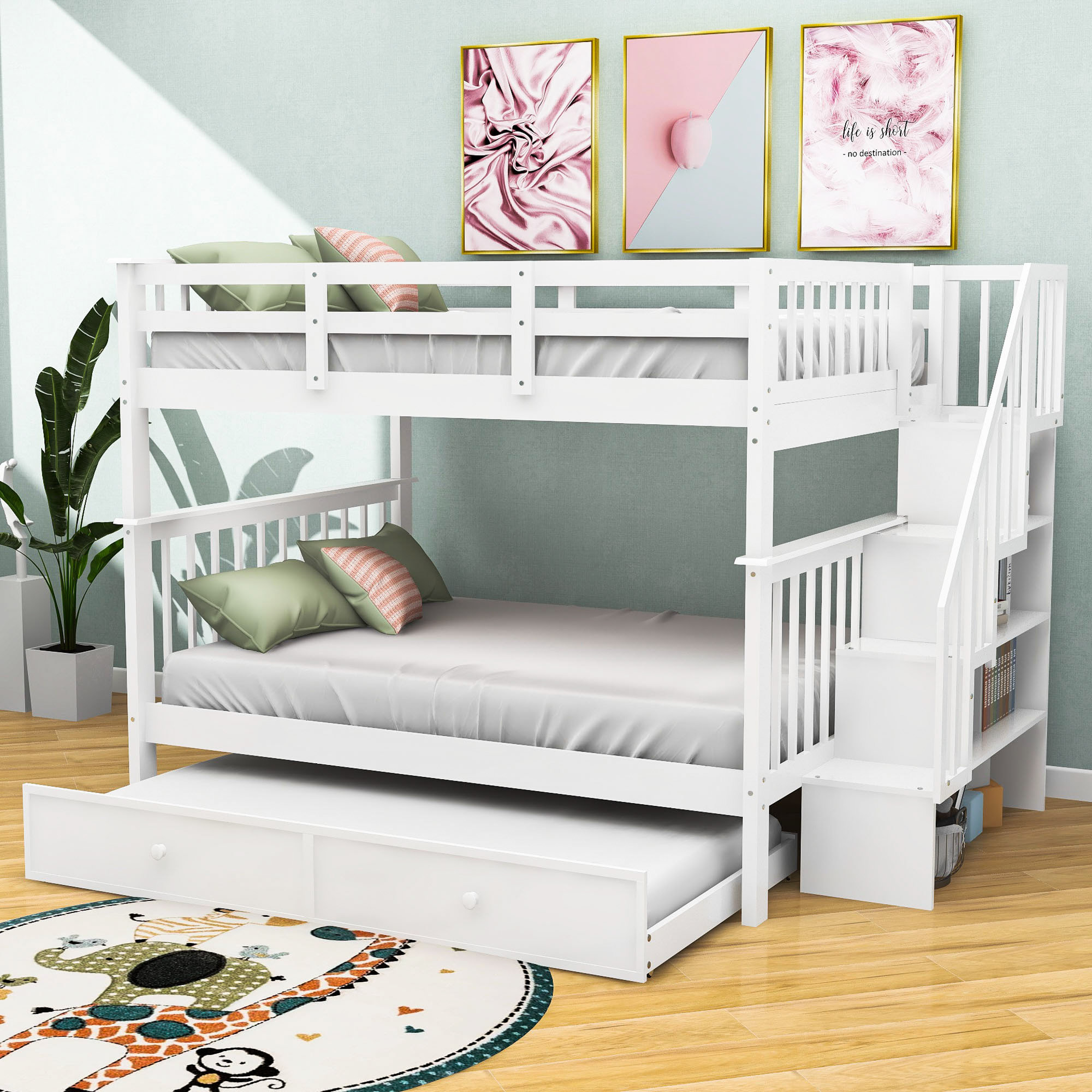 Harriet Bee Full Over Full Wood Standard Bunk Bed With Twin Trundle ...