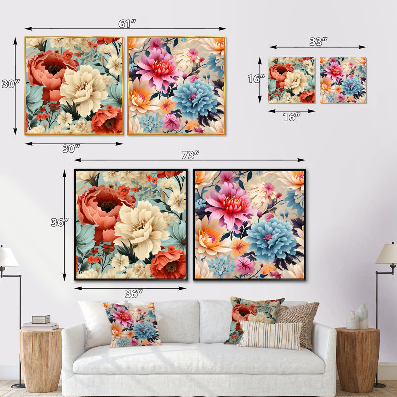 Isamar - ensemble de 2 collages carrés floraux, Cadre flottant noir, H 16 po x l 33 po