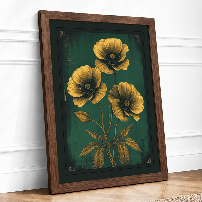 Golden Blooms Study Botanical - Framed Print, Walnut, A1 - 84.1 x 59.4 cm