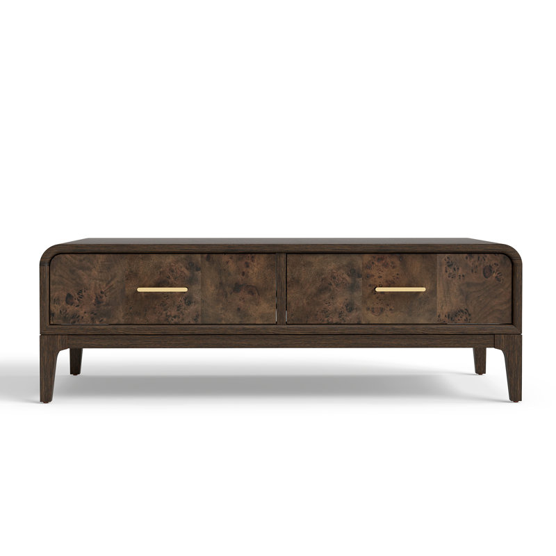 Adden Mid-century Modern 2-drawer Coffee Table With Figured Burl Veneer Fronts, Wood Frame & Brass-tone Pulls, Coffee
