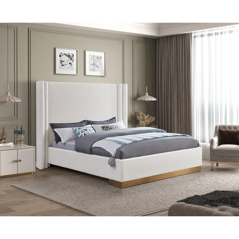 Halton Platform Bed, King, Cream Boucle Fabric