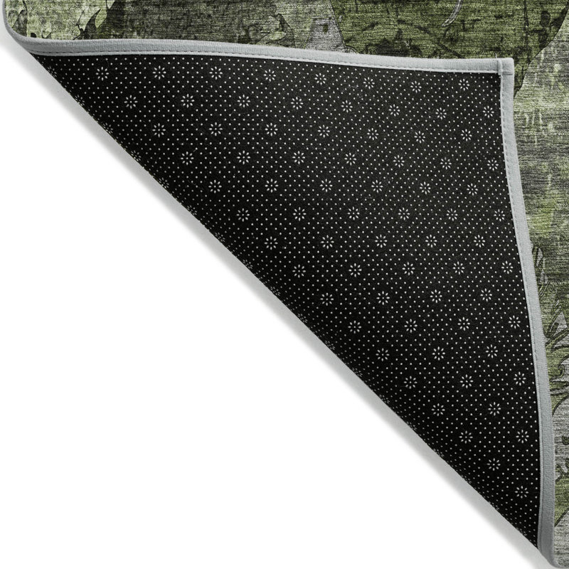 2' X 8' Green and Gray Abstract Washable Indoor Outdoor Runner Rug