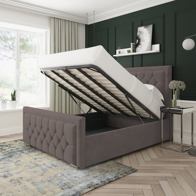 Maple Naples Velvet Upholstered Ottoman Bed Frame, Kingsize (5'), Slate