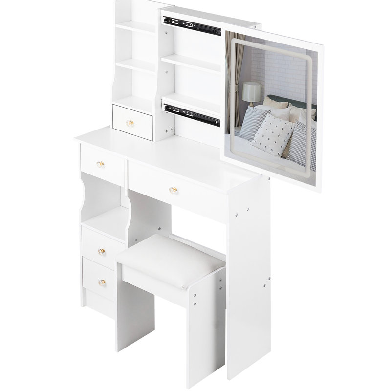 Small Space - Suitable Vanity Table And Cushioned Stool: 29.2" Left Drawer Desktop, Touch Operated Tri Color Brightness Adjustable Led Mirror Control, Switching,