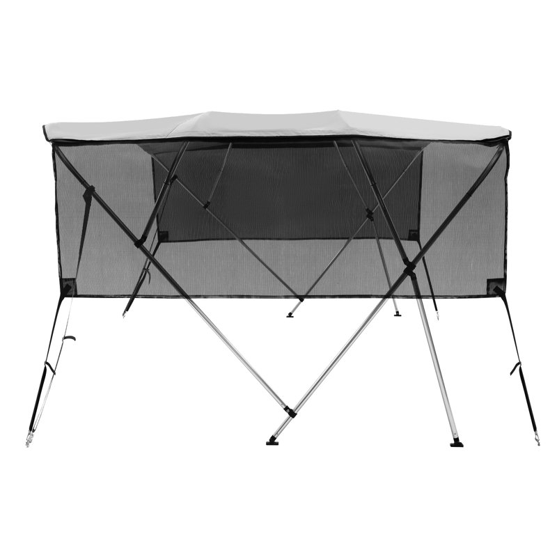 Light Gray 4 Bow Bimini Top Boat Cover with Mesh Sidewalls and Aluminum Frame