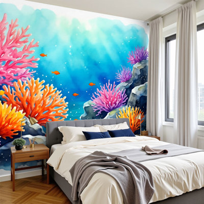 Peel and Stick Wallpaper Underwater Coral Reef Colorful Corals Small Fish Wall Murals 100"H x 144"W Removable PVC Wall Paper Self-Adhesive Nautical Theme Wall Decor for Bedroom Nursery