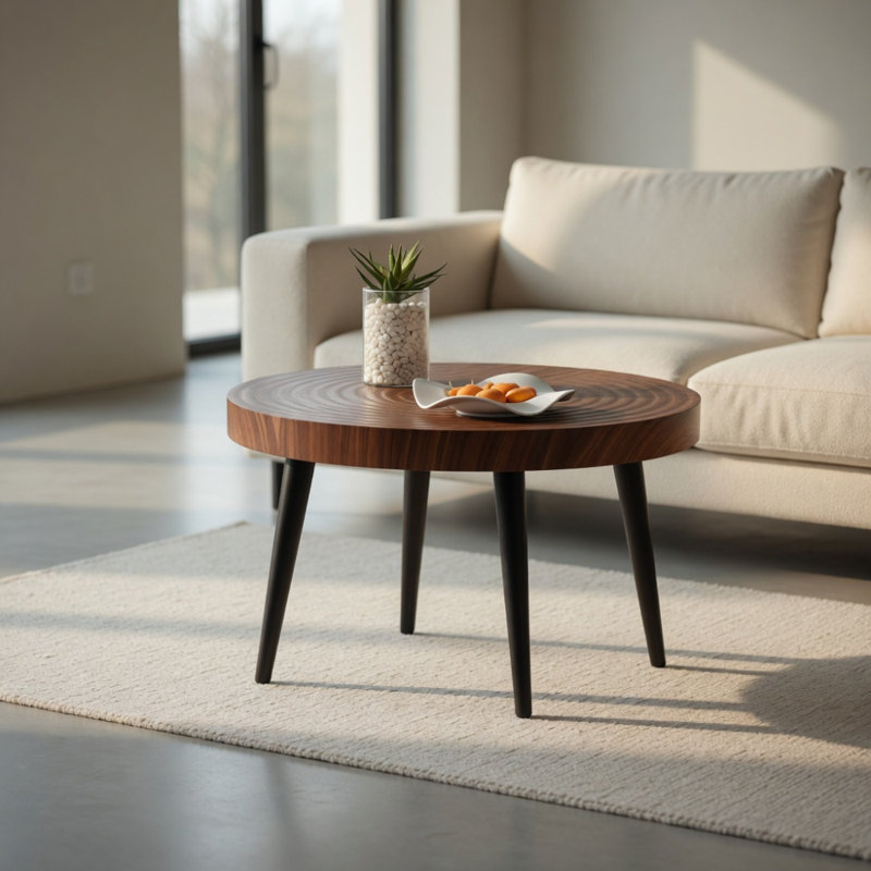 Table basse ronde moderne - texture annulaire, durable et robuste avec un diamètre de 23,6 pouces. Moulage par aspiration exquis, motif de couleur noyer, pieds en métal noir pulvérisé.