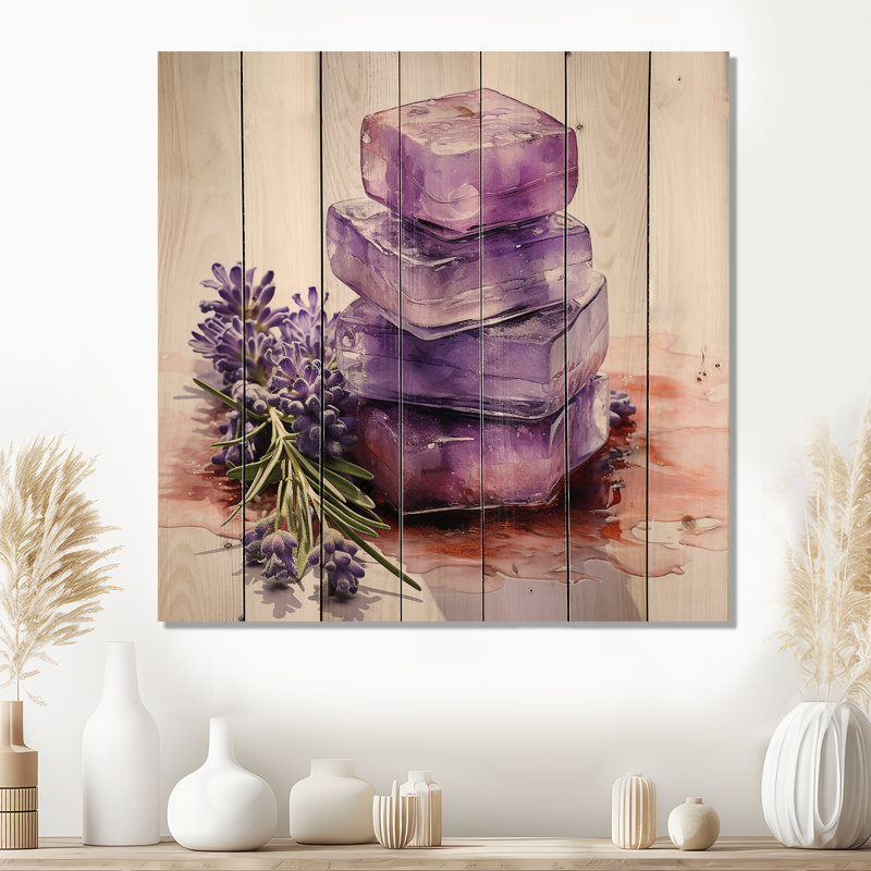 Purple Lavender Batjhroom Soap III - Lavender On Wood Print, 15" H x 15" W