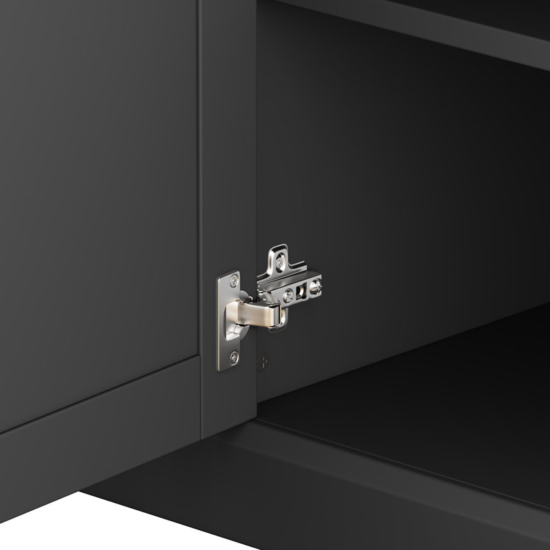 Grand meuble télé noir avec tablettes réglables et grand espace de rangement, convenant à un meuble télé contemporain de 75 po pour téléviseur, noir, hauteur de rangement personnalisable
