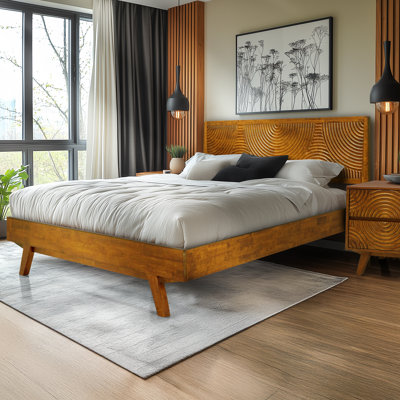 Harmony Solid Wood Bed Frame Platform Style with Sculpted Headboard, Mid-Century Modern, No Box Spring Needed, Smart Tools Assembly, 800 lbs Capacity